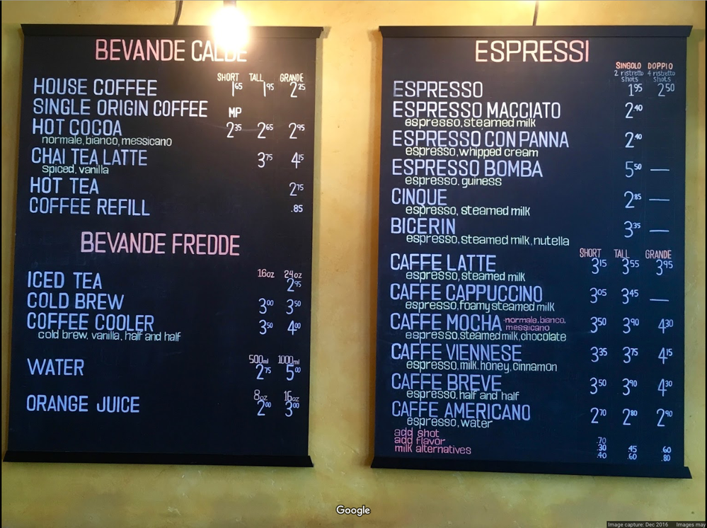 Huge choice of coffee drinks.