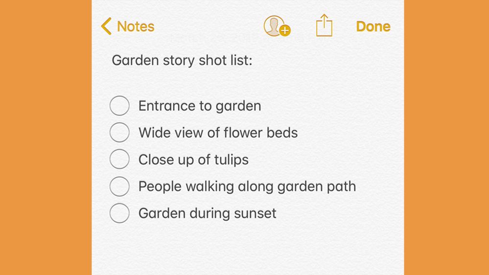 Caption: A screenshot of a photography shot list for a garden photo shoot written on a smartphone.
