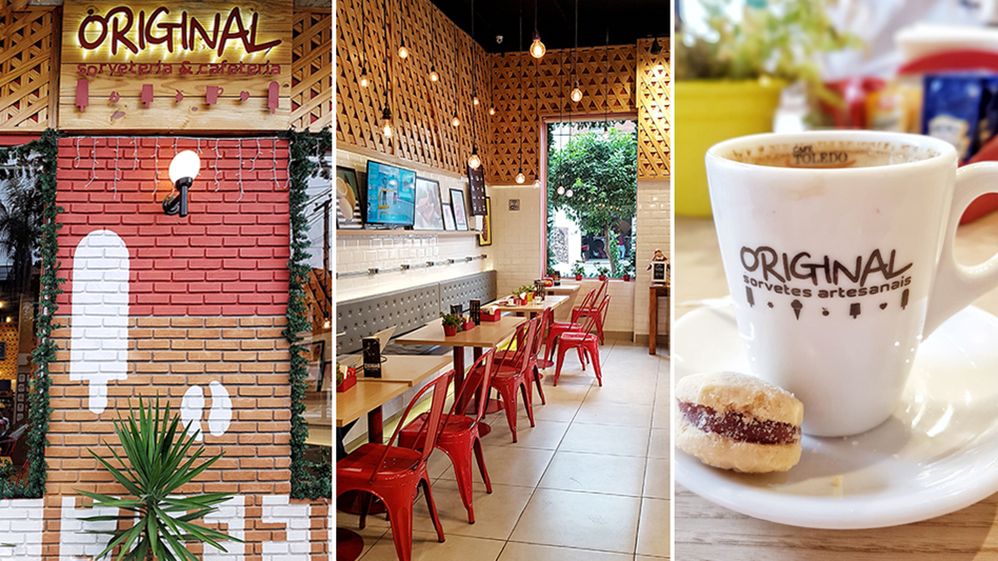 Caption: A tryptic of photos of a cafe exterior, interior of tables and chairs, and a closeup of a cup of coffee with a cookie. Taken at Original Sorveteria e Cafeteria - Original Sorvetes, in São Paulo, Brazil. (Local Guide Regiane Ratcu)