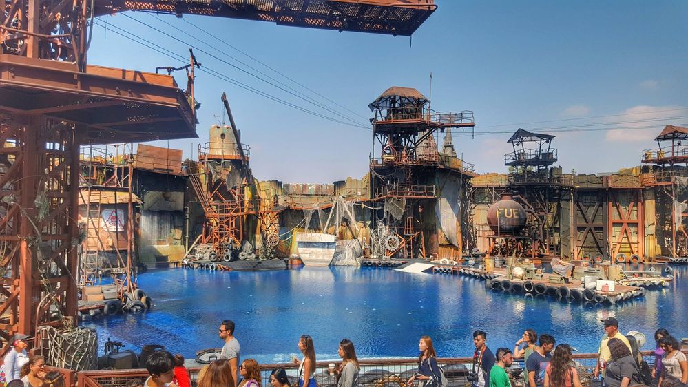 Waterworld movie performance. If you are sitting in the lower rows, you will be soaking wet for sure!