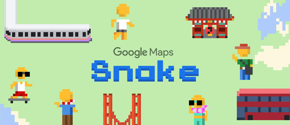 Caption: A graphic that shows some of the people and landmarks you can find in Snake on Google Maps.
