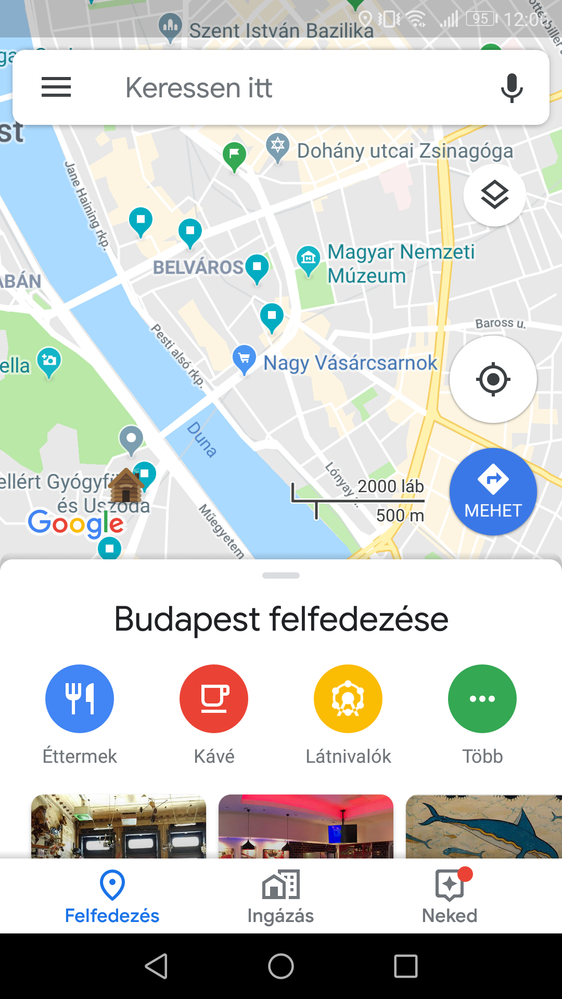 A screenshot from my mobile device with a personalised view of central Budapest in the Google Maps app
