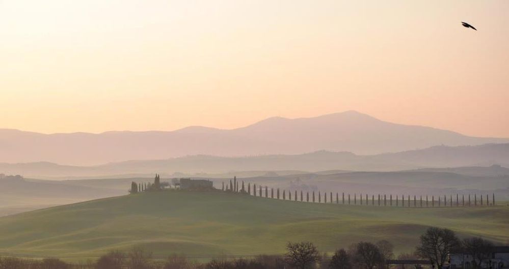 Caption: A photo of a house on top of layers of hills and cypresses in Tuscany, Italy. (Local Guide @mondiparalleli)