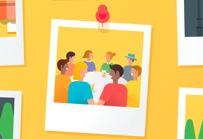 Caption: An illustration that shows a polaroid of people gathering at a table pinned on a board.