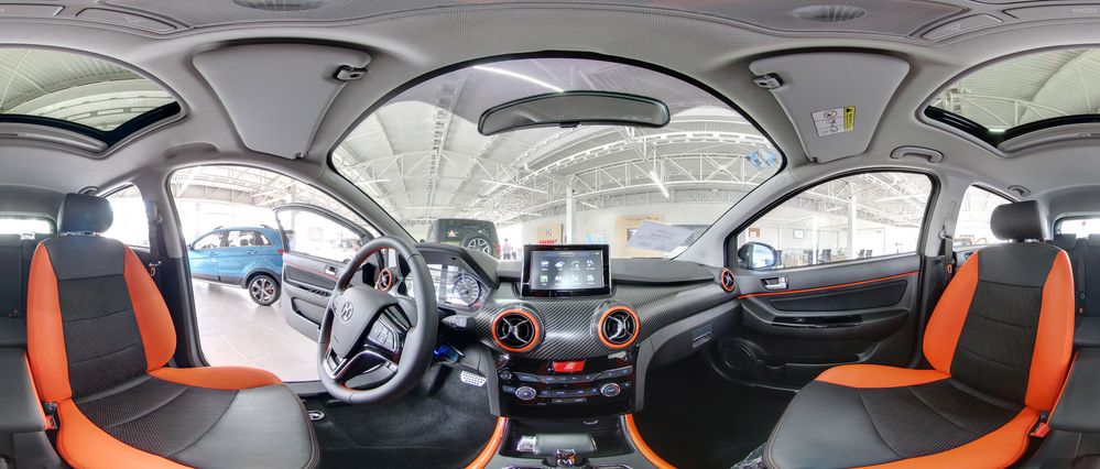 360º panoramic image of a car interior.