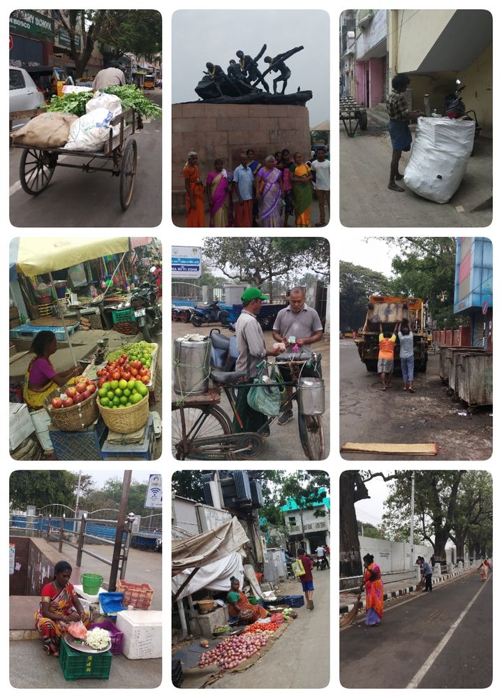 tea seller, waster collectors, roadside fruit and flower shop, road cleaners