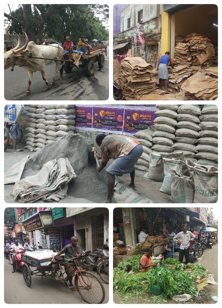 Carrying load in bullock cart, labor loading sands in the bags, rickshaw wala, roadside green leaves seller