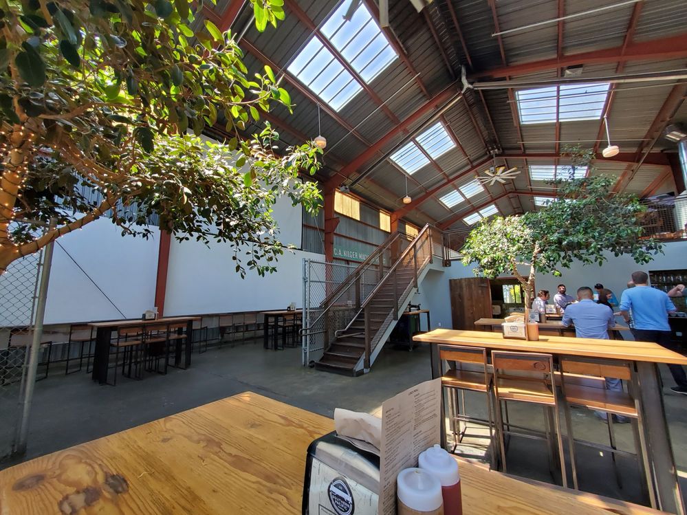I love the warehouse type restaurant and trees. Southern Pacific Brewing