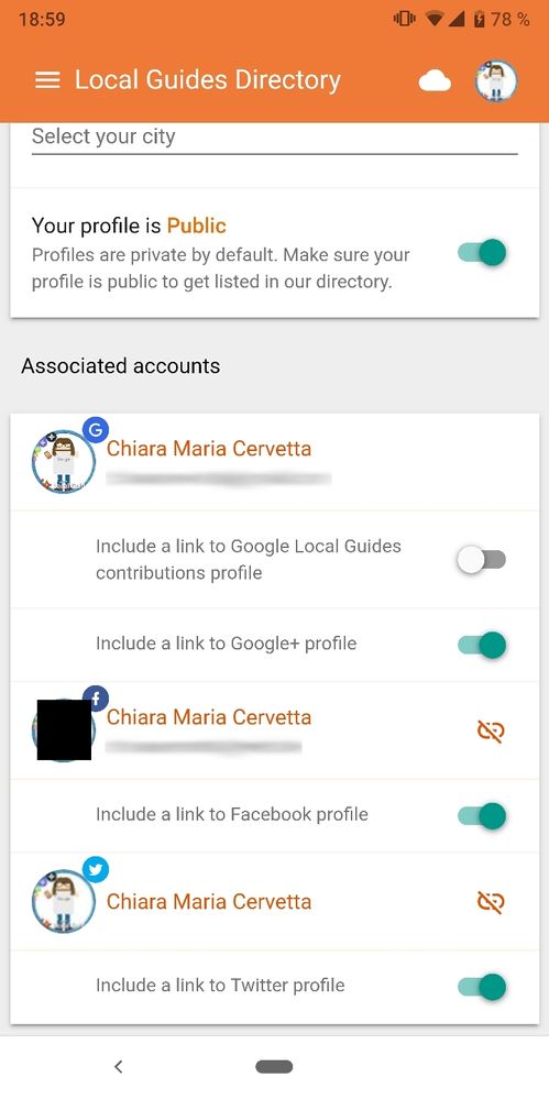 Caption: A screenshot of the Local Guides Directory settings page in the web-app. The social media-links (Facebook and Twitter) are enabled.