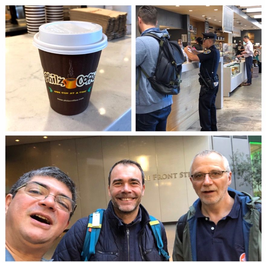 Caption: tomando café en SF (Ermes, Julien y yo) - SF (Local Guides @FaridMonti)