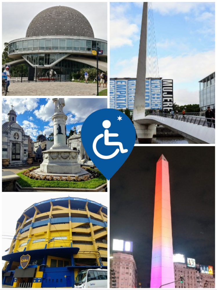 Caption: Some of the most touristic spots of the city of Buenos Aires, with the logo of the One Accessibility alliance on top.