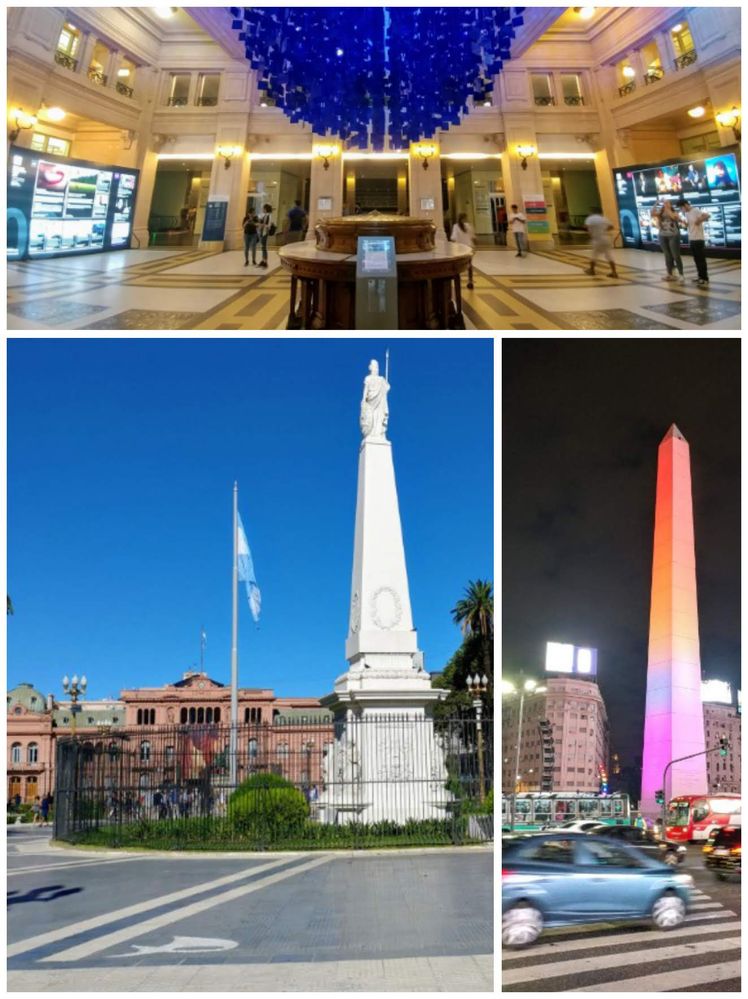 Caption: the spacious inside of the Kirchner Cultural Center, the Plaza de Mayo, and the Obelisk with rainbow lights in commemoration of LGBTQ day.