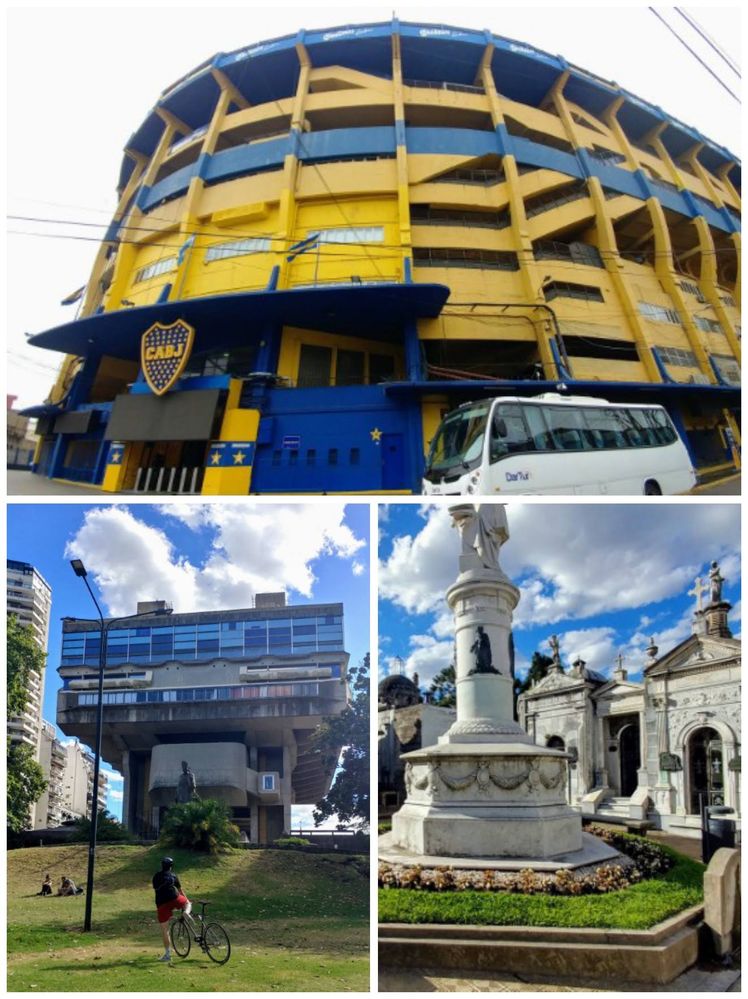 Caption: The Boca Juniors stadium, the National Library and some graves of the Recoleta Cemetery.