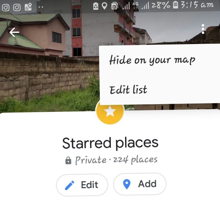 A Screenshot of  "STARRED PLACES "  marked as Private