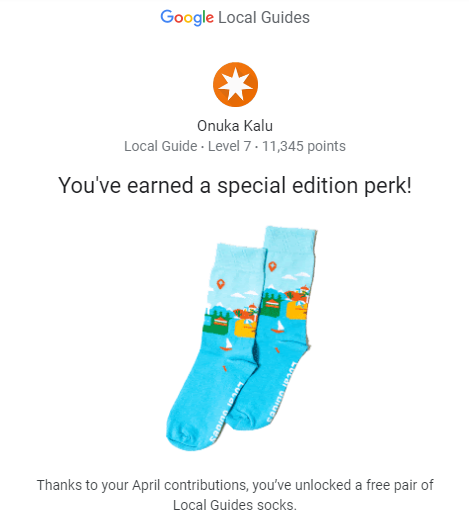 Caption: A screenshot of the special edition perk. A pair of Local Guide branded socks.
