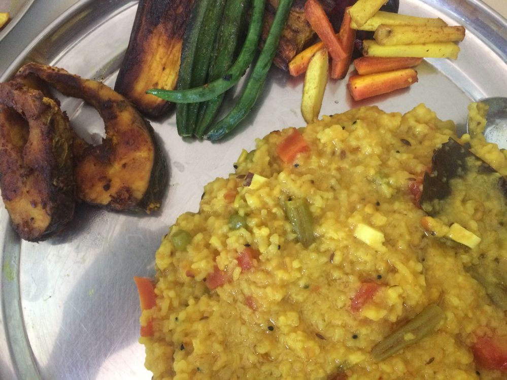 Home made Bengali  food- 'Khichuri  with Mach Bhaja'"