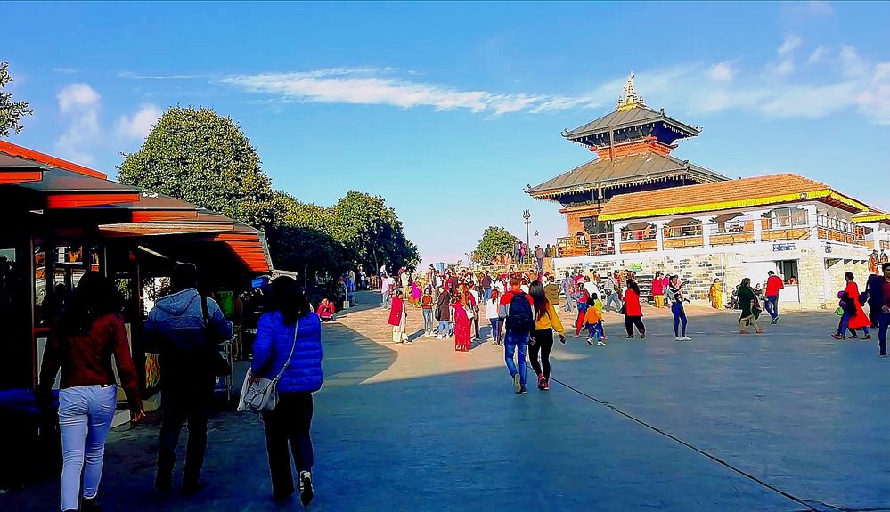 A photo shows visitors and the premises of Gonga Chow:, Bhaleshwor Mahadev at Chandragiri Hills, Nepal.