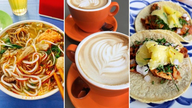 Caption: A triptych of food photos that include ramen, lattes, and tacos taken by Local Guides Thúy Toét, Ken Blu, and Connie Pelina Lueken.