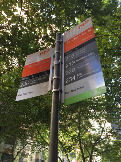 Typical Melbourne bus stop signage along Queen Street in the central business district.