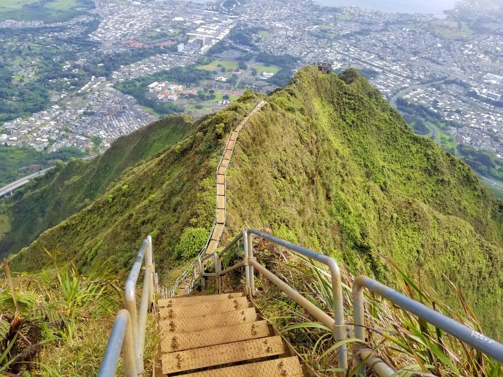 Caption: A photo of a metal stairway, part of the Moanalua Valley hiking trail which follows the steep ridge of a mountain in Honolulu, Hawaii. (Local Guide Daniel Poblano)