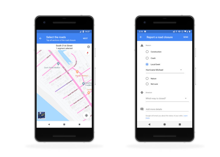 Caption: An image of two phones that shows how to select a road on Google Maps (left) and how to report a road closure (right).