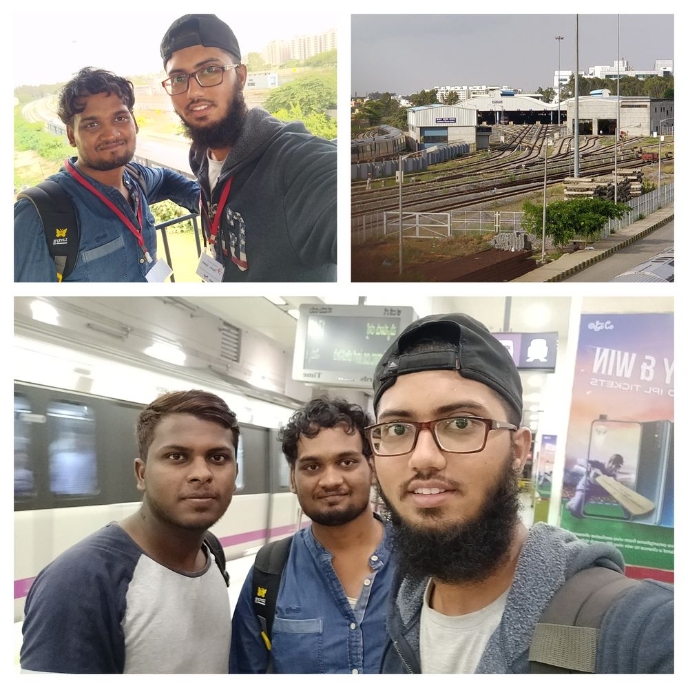 Caption: Top left: A selfie of Sai Teja and Fazeel captured at Baiyappanahalli | Right: A railway intersection at Baiyappanahalli captured by @SaiTeja | Bottom: A selfie of Suresh, Sai Teja and Fazeel Usmani at KSR Bangalore (Majestic) railway station