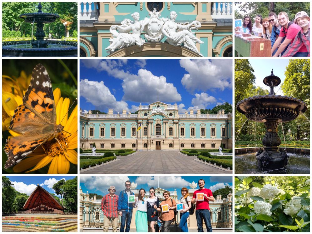 Caption: Collage of the pictures from Mariinsky Park. Starting from the central down photo and to the left: 1. Kyiv LG in front of the Mariinsky Palace, 2. Summer theatre "The Seashell"; 3. Colorful butterfly on the yellow flower ; 4. The Mariinsky Fountain; 5. The decoration on the Mariinsky Palace; 6. Kyiv LG Team playing piano in the Mariinsky Park; 7. Mariinsky Fountain in its morning beauty  8. Flowers in the park  9. Mariinsky Palace  (LG Team)