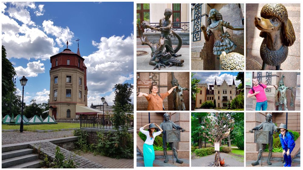 Caption: Сollage of pictures from the left: 1. Museum of Water with accessible path and green surrounding (LG @nkiriljuk); 2. National Doll theatre with the fairy tale characters together & several LG nearby (Kyiv LG Team)