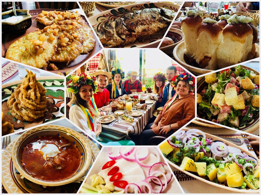 Caption: Kyiv LG surrounded by Ukrainian dishes, starting from the down to the left: 1. salo with onion, garlic and red red pepper, 2. borshch, 3. salo with garlic, 4. deruny or potato pancakes, 5. cart fish, 6. traditional bread for borshch dish with sunflower oil and garlic, 7. Ukrainian salad, 8. oseledets or herring fish, 9. splendid table and happy LG waiting for the precious time to share the meal together (Kyiv LG Team)