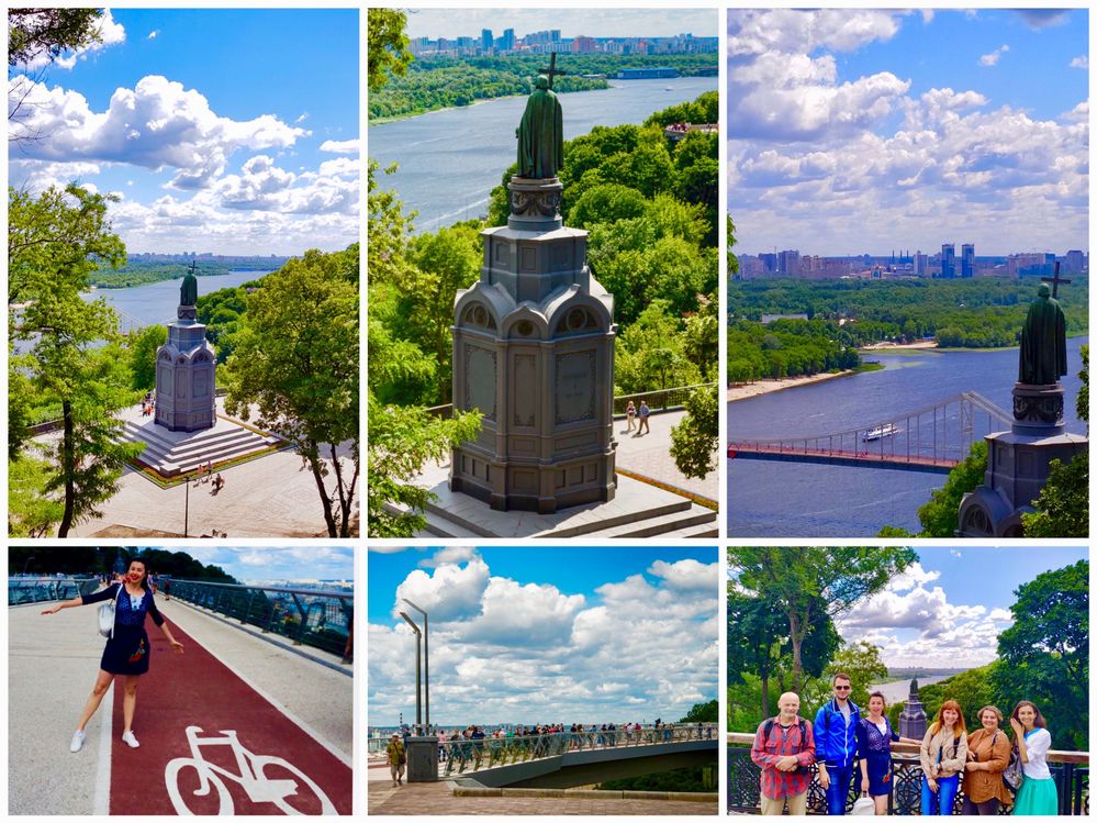 Caption: Volodymyrska Hill and the Monument to Volodymyr the Great (3 pictures on the top), New Walking Bridge with @AnastasiaK and the biking sign, and Kyiv LG Team with Volodymyr the Great and the Dnipro river behind (Kyiv LG Team)