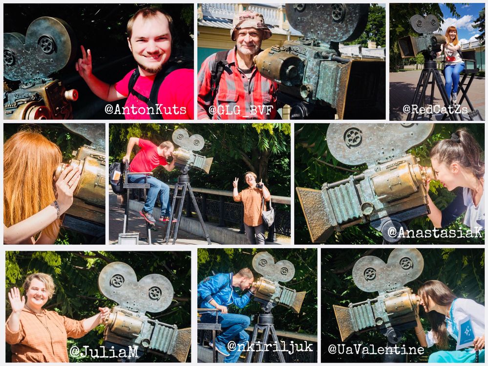 Caption: Collage of pictures representing Kyiv Meet-Up participants. Each LG is posing near the Monument to the Cinema, in form of the very first camara in Mariinsky Park (Kyiv LG Team)