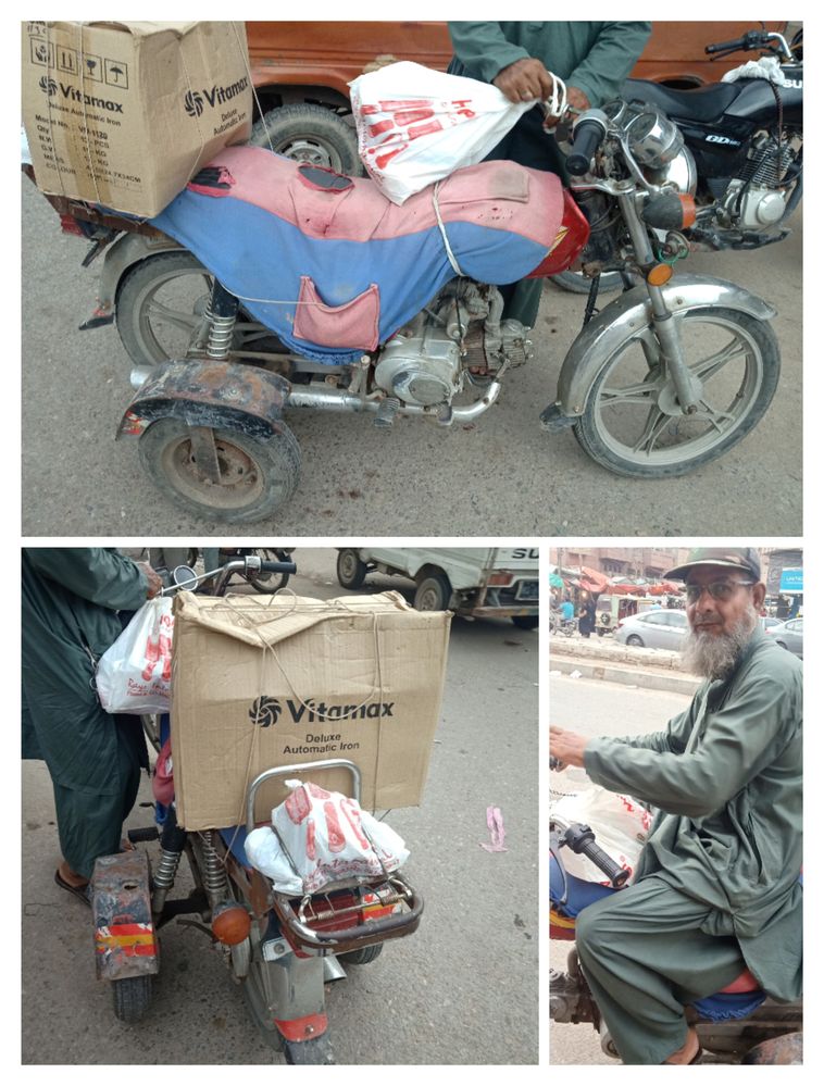 An elder aged person earning bread and butter for his family, by Supplying Electric goods at My Shop on a Specially Designed motorcycle for differently abled people. #oneAccessibility