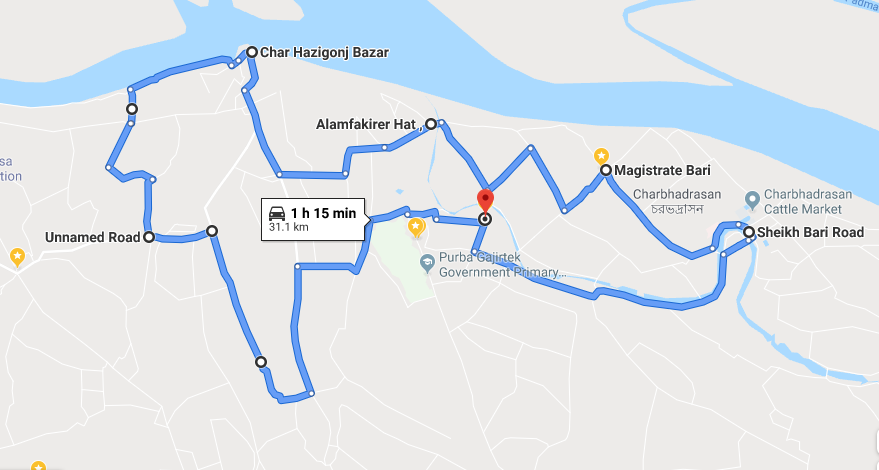 A screenshot of Google Maps which shows the expected route for this bike meet-up.