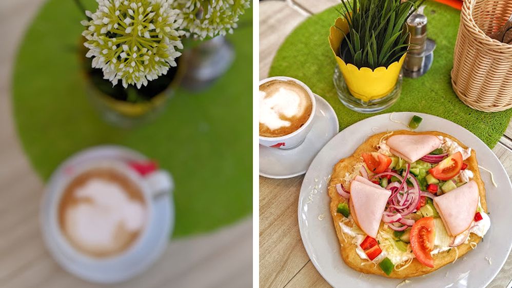 Side-by-side photos of a table setting. The left photo shows a blurry cup of coffee in the foreground. The right photo shows the cup of coffee and a plate of food in focus. (Courtesy of Food Drifter)