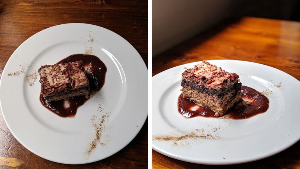 Side-by-side photos of a chocolate dessert. The left photo shows the dessert plate under a shadow. The right photo shows the dessert on a well-lit plate. (Courtesy of Food Drifter)
