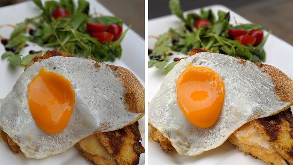 Side-by-side photos of a breakfast plate with eggs, toast, and a green salad. The left photo shows all the plate elements. The right photo shows the egg aligned using the rule of thirds. (Courtesy of Food Drifter)