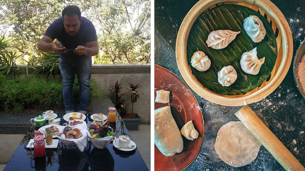 Side-by-side photos. The left photo shows Ashis standing over the table taking an aerial shot of the presentation. The right photo shows a close-up photos of dumplings in a bowl, surrounded by a plate of dough and roller. (Courtesy of Food Drifter)