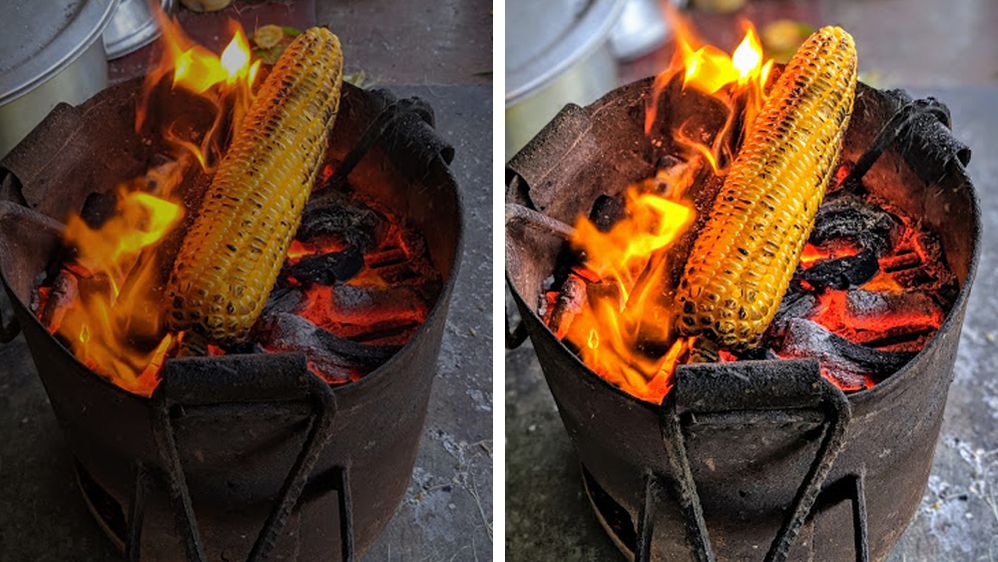 Side-by-side photos of a piece of corn on a grill cooking in flames. The left photo is dark whereas the right photo has brighter coloring. (Courtesy of Food Drifter)