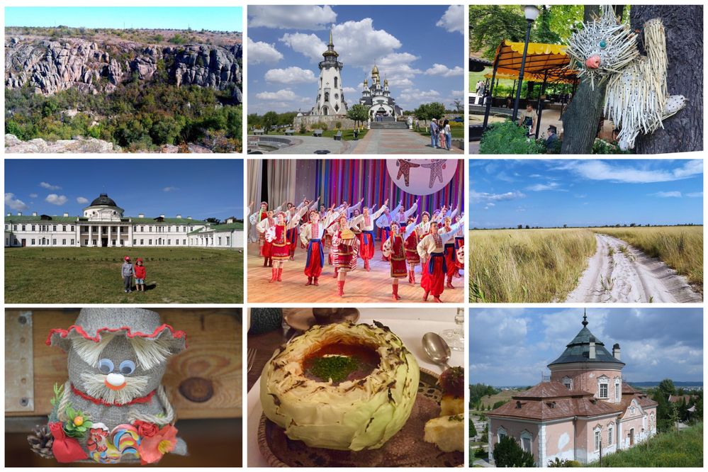Caption: Collage of pictures regarding the past and future posts about Ukriane. 1. Aktovsky Canyon in Mykolayiv region by @JaneBurunina, 2. Buki Landscape Park in Kyiv region by @RedCatZs. 3. Cat from the forks monument in Kyiv by @GLG_BVF. 4.  Kachanovka Historical and Cultural Reserve by @AntonKuts. 5. Ukrainian Traditional Dance festival by @uavalentine. 6. Djarylgach island by @NatalkaR. 7. Handmade souvenir by @GLG_BVF. 8. Ukrainian traditional borshch by @uavalentine. 9. Part of Zolochevsky castle in Lviv region by @nkiriljuk