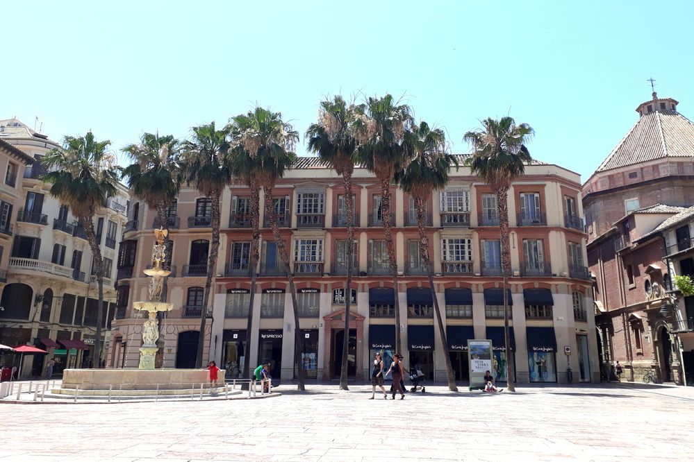 Caption: A photo of the Genoa Fountain at Plaza de la Constitution in Malaga, with low-rise buildings and palm trees surrounding the square. (Local Guide @MoniDi)