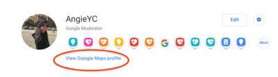 Caption: A screenshot of Local Guide @AngieYC’s Connect profile page showing the new link to Google Maps under the list of badges.