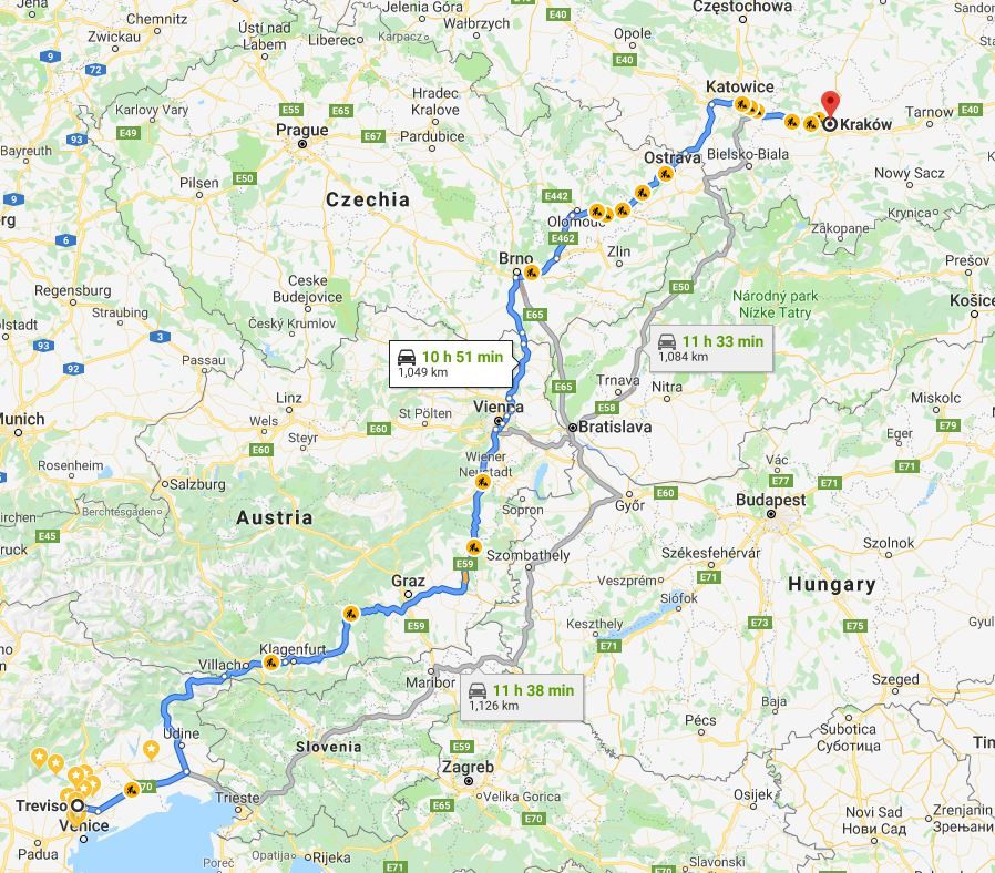 Caption: a screenshot of Google Maps showing the Treviso to Krakow roadtrip
