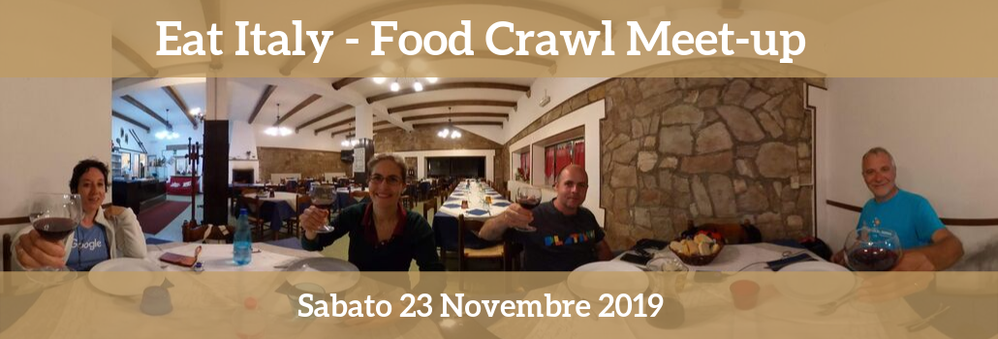 Caption: A meet-up banner with four people sitting at the table with the glass raised to toast and, on the top, the text "Eat Italy - Food Crawl Meet-up. Photo and graphic credit: Local Guide @ermest