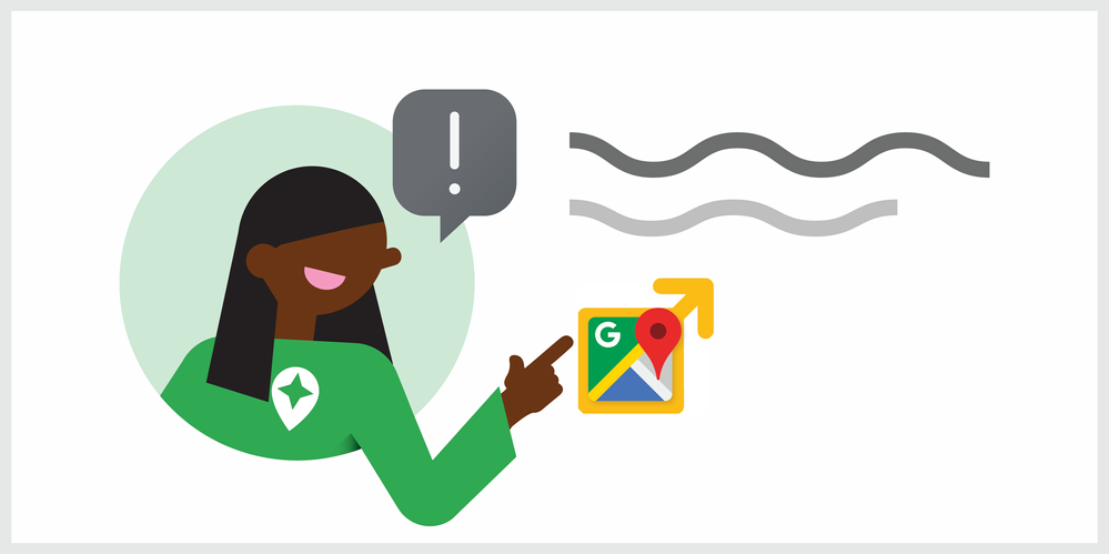 Caption: An illustration of a woman pointing at the Google Maps logo which is indicated to appear on your Local Guides Connect profile page. There is a speech bubble with an exclamation mark next to the woman's face.