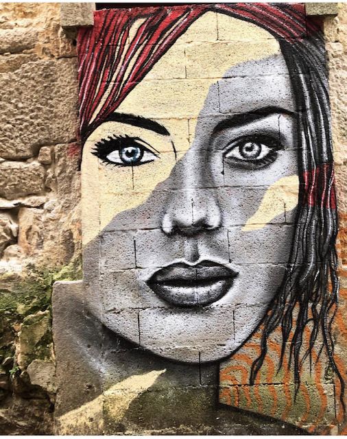 Legenda: foto de um arte de rua de um roste de uma mulher tendo duas metades coloridas com cores diferentes feito na parece de uma casa. (Local Guide @FelipePk)