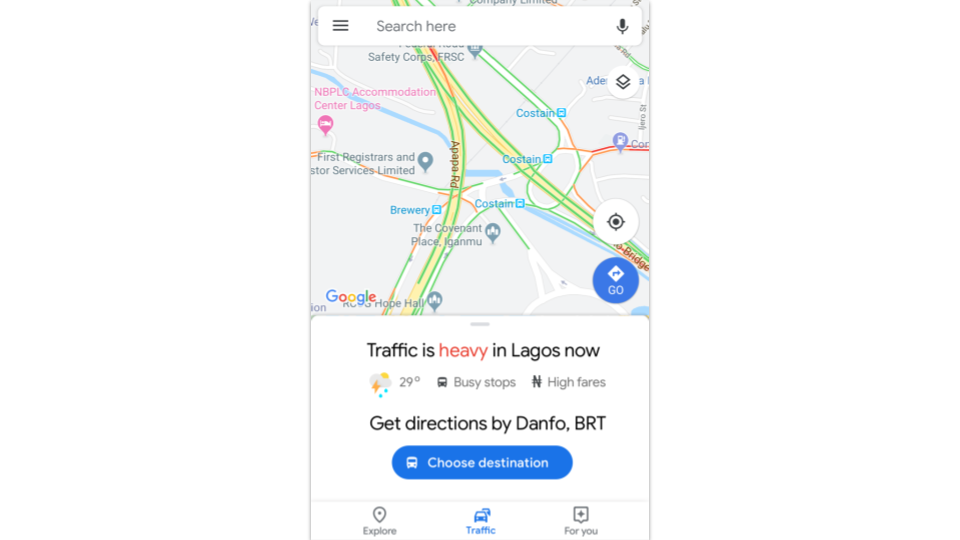 Caption: An image showing the newly launched Traffic tab for Nigeria with traffic level information, weather, bus stop busyness and danfo fare levels.