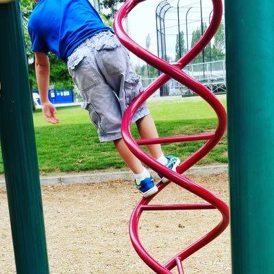 A child climbing on playground equipment.