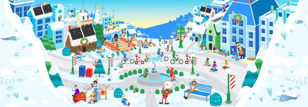 An illustration of Santa’s Village featuring rows of snow-covered buildings, a gingerbread house, a fountain, trees, and people in the community walking around and riding bikes.
