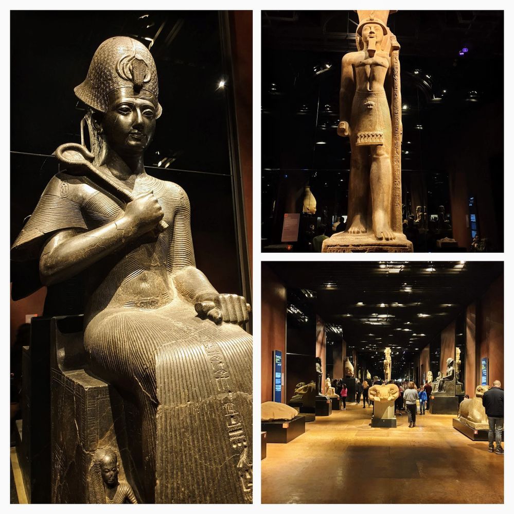 Caption: A collage of three photos showing two statues of people and the inside of the “Lords Room” at the Egyptian Museum in Torino, Italy. (Local Guide @LuigiZ)