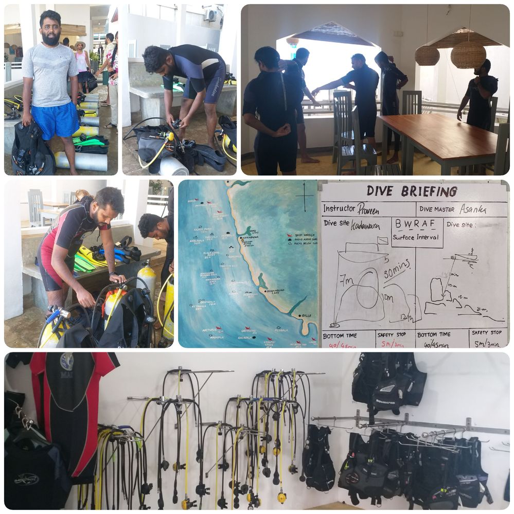 Photo collage of local guides checking equipment and getting ready  to dive